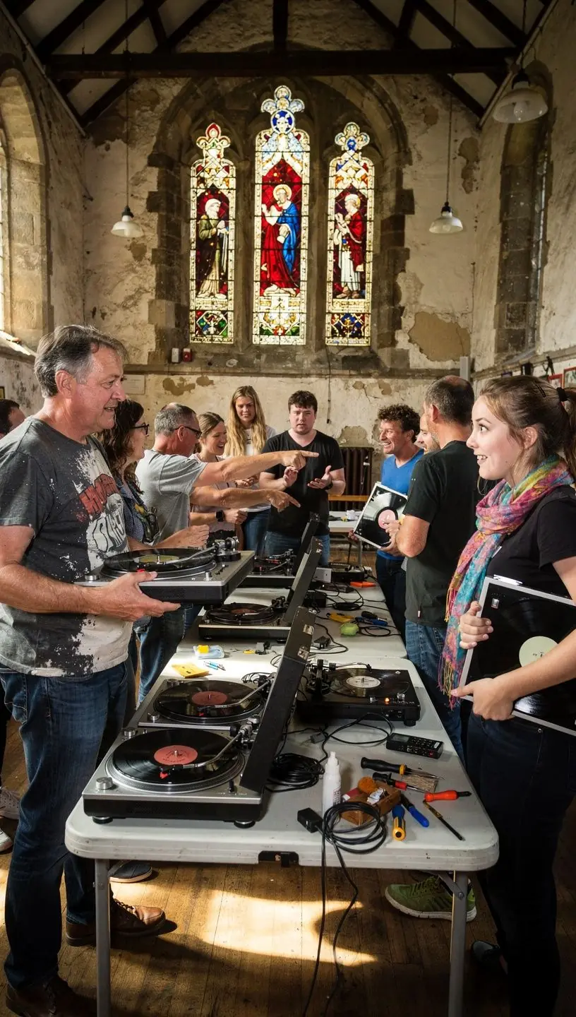 Variety of turntable cartridges on a workbench